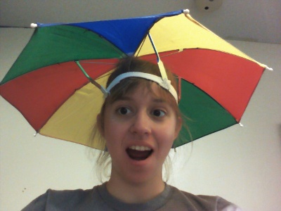 Michele in an umbrella hat
